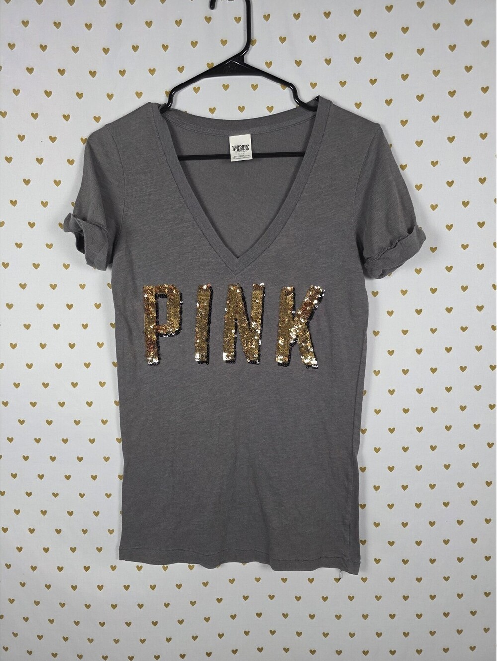 Victorias Secret PINK Vintage Gold Bling Sequined V neck Y2k Tee shirt Small